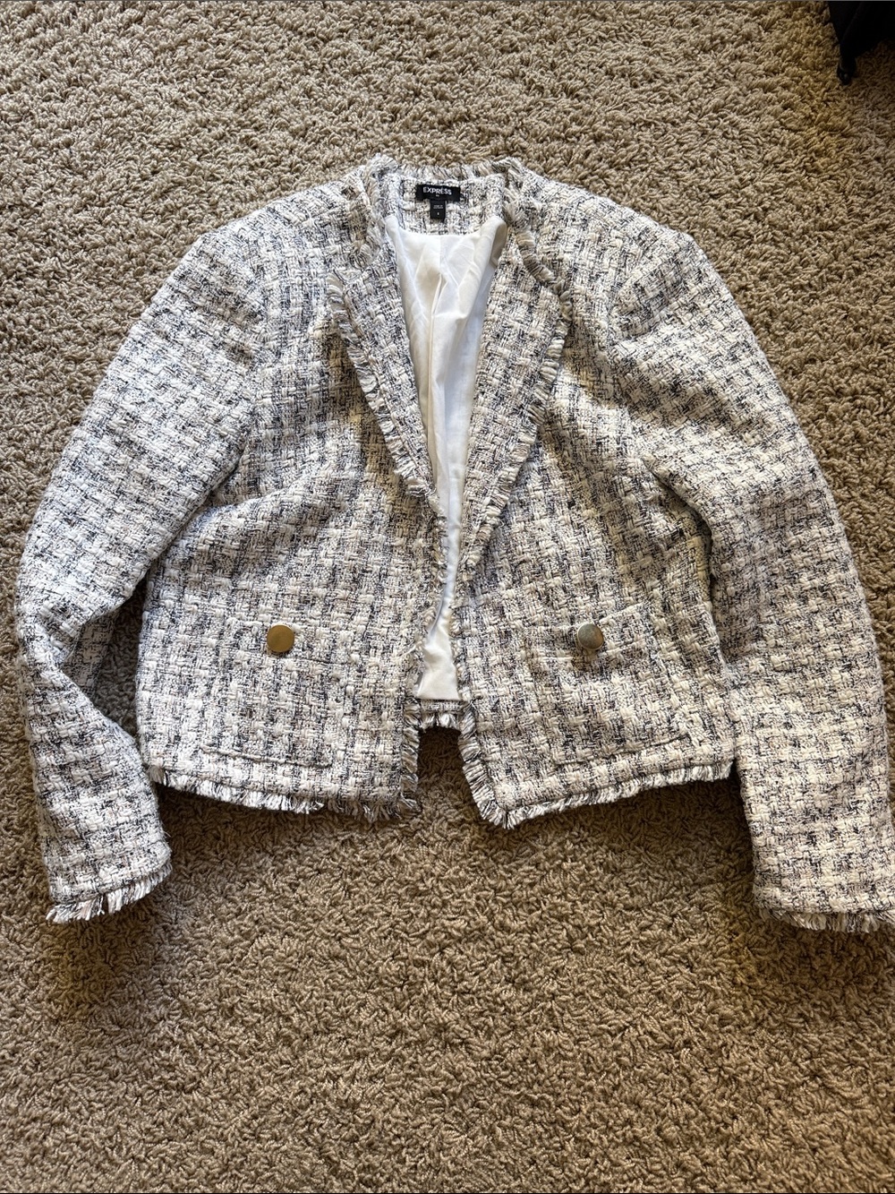 Express Blazer Jacket Womens Small White Black Tweed Plaid Open Front Fringe
